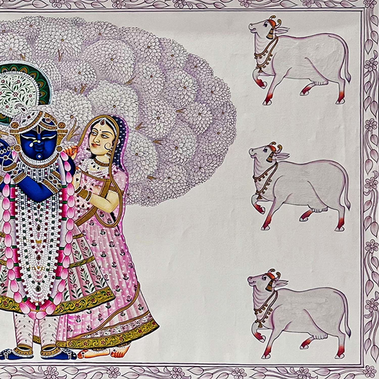 The Handmade Pichwai Painting - Antique Silver Finish Shrinathji (Framed / 99 x 68.5 cm) - Image 4