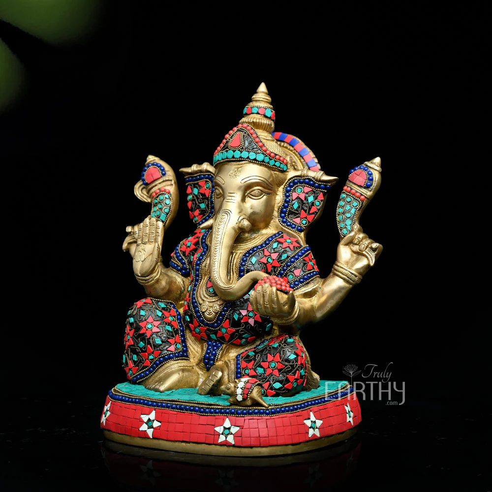 Brass Ganesha Idol | Fine Stone Work - Image 3