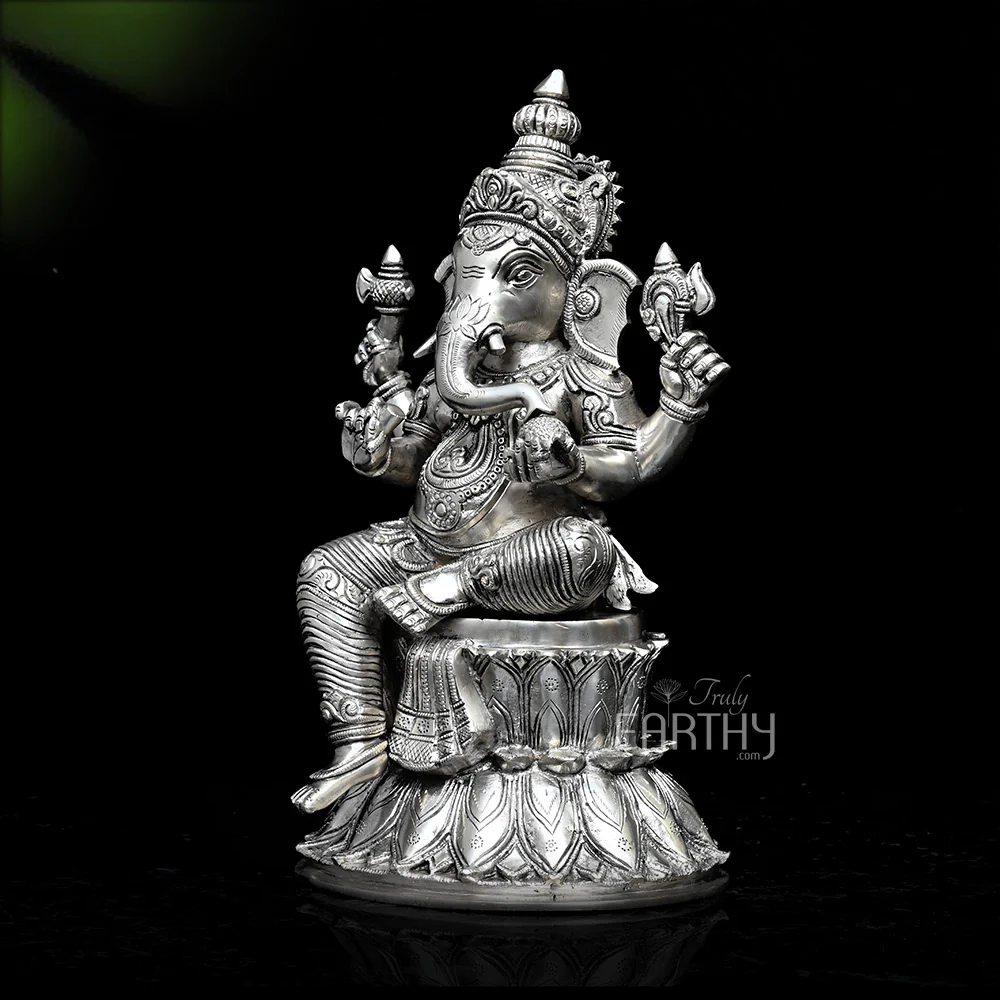 Brass Ganesha on Lotus (Silver Plated / 37cm) - Image 4