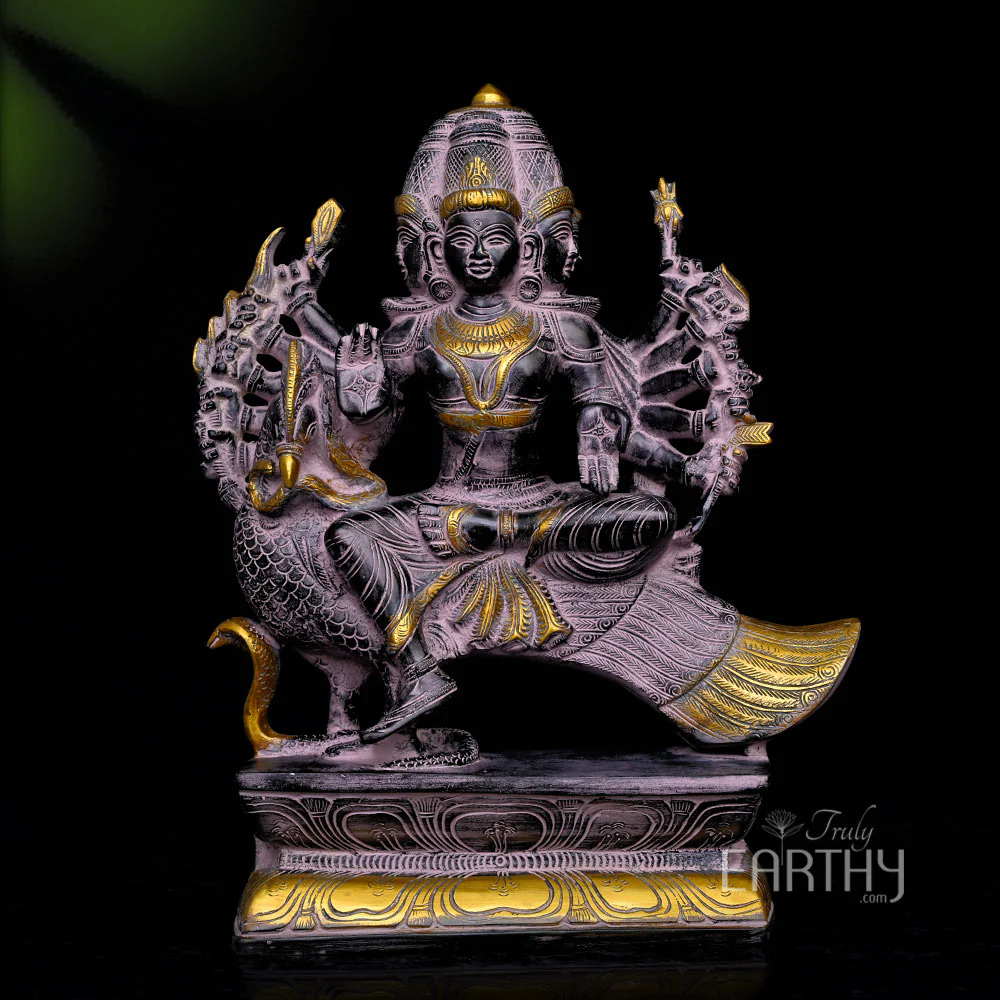 Brass Six Headed Karttikeya (Murugan) Seated on Peacock (13.3 Kg)