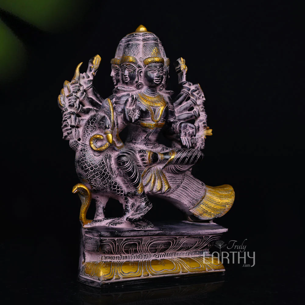Brass Six Headed Karttikeya (Murugan) Seated on Peacock (13.3 Kg) - Image 4