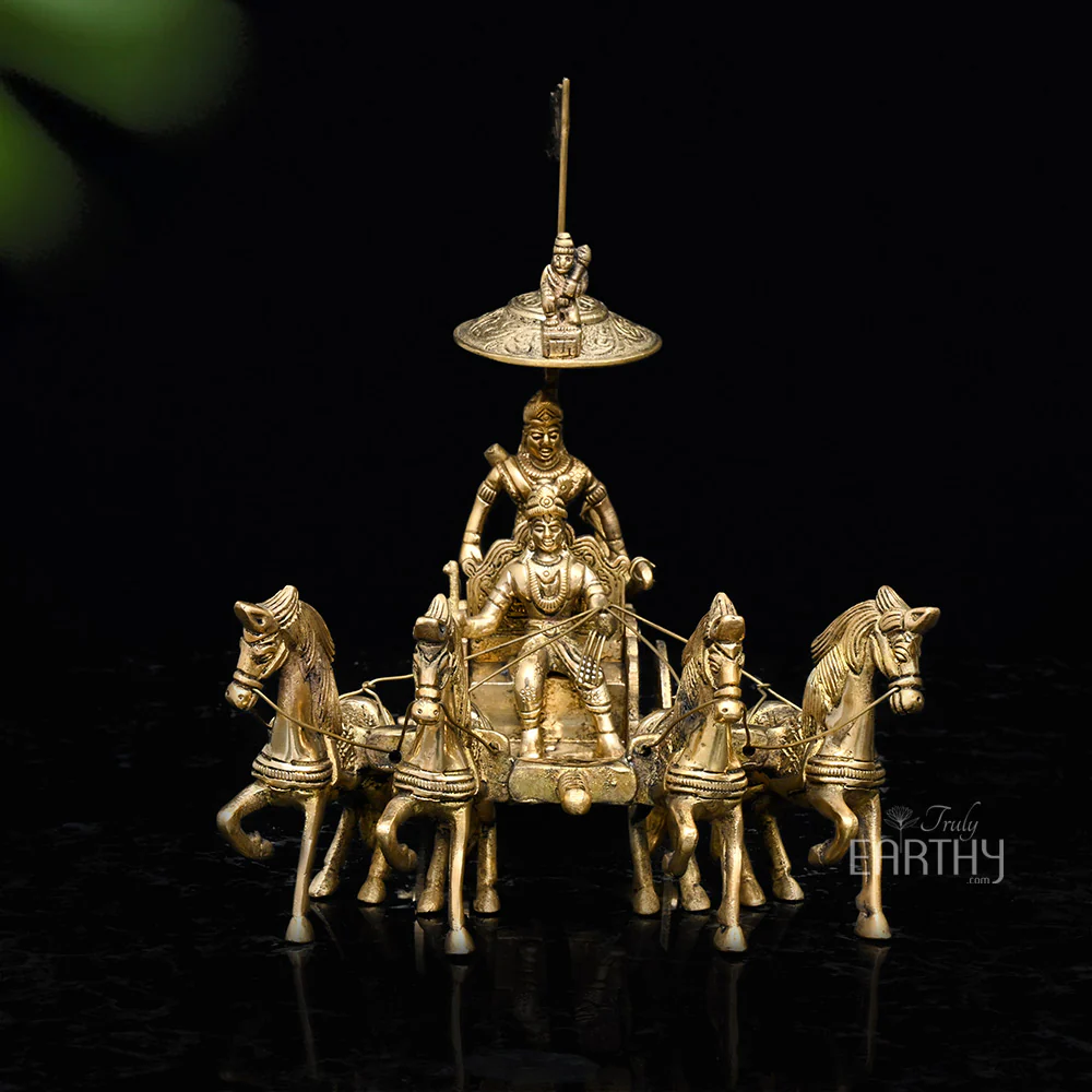 Brass Krishna Arjuna Rath Chariot with 4 Horses - Image 3