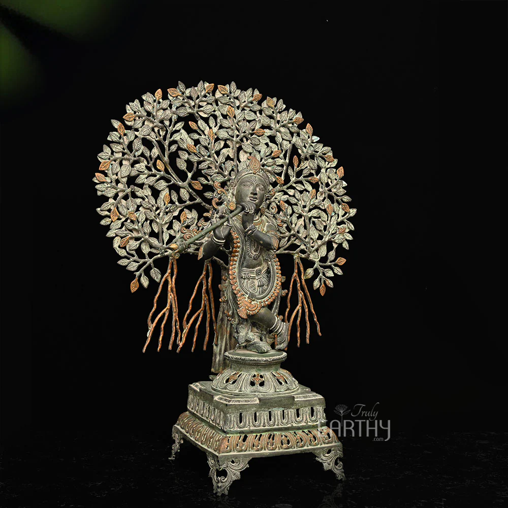 Lord Krishna Playing Flute Under Kadam Tree - Brass Sculpture - Image 4