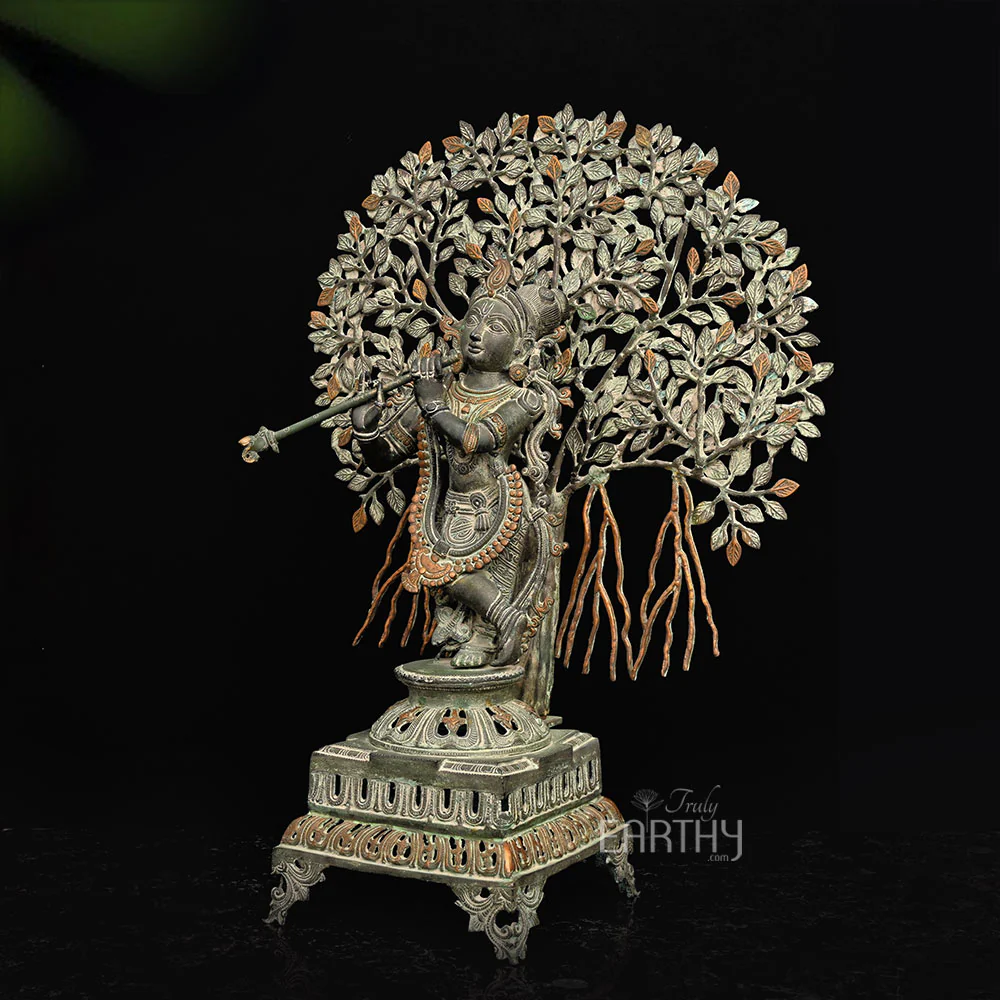 Lord Krishna Playing Flute Under Kadam Tree - Brass Sculpture - Image 5
