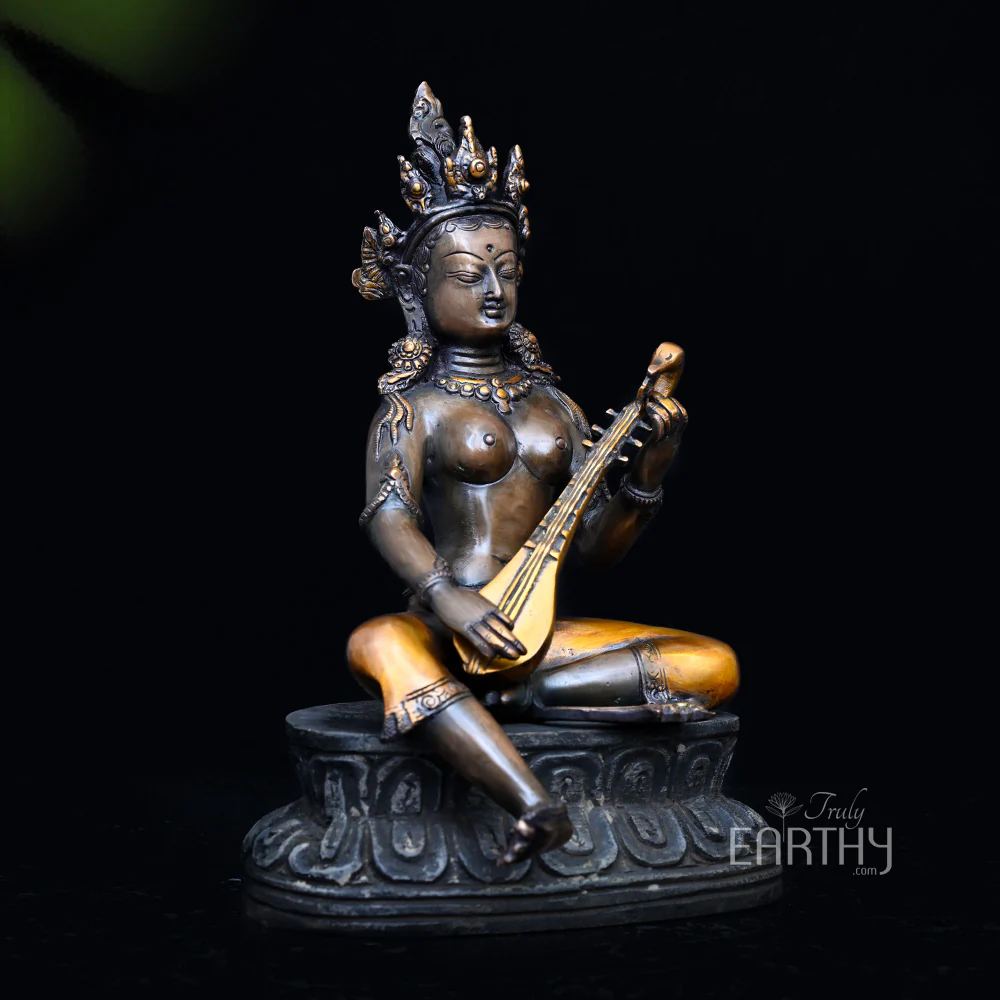 Brass Saraswati with Wooden Pedestal - Image 3