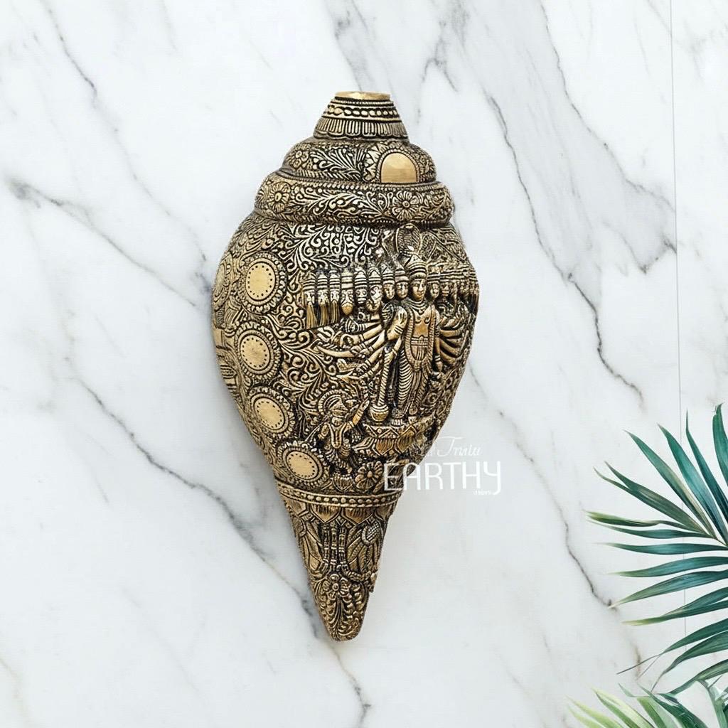 Brass Shankh with Vishnu Dashavatar Carving (Conch) - Image 5