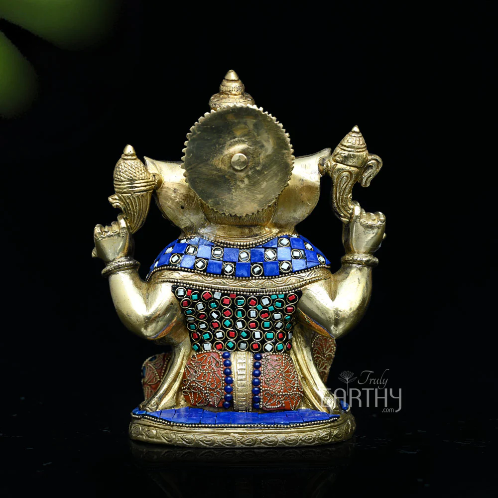 Brass Sitting Ganesha with Stone Work - Image 4