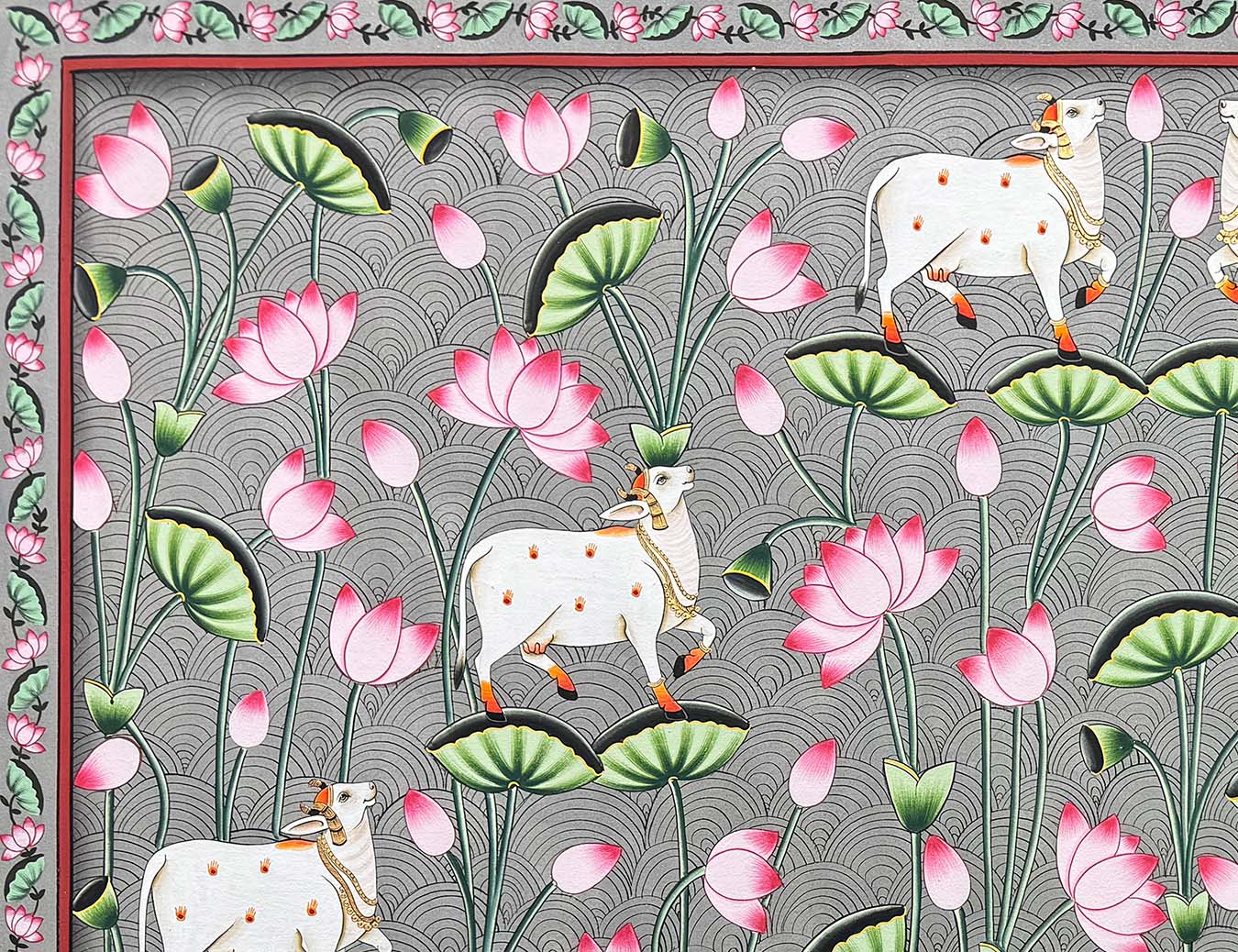 Cows in Lotus Pond - Handmade Pichwai Painting (Unframed) - Image 3