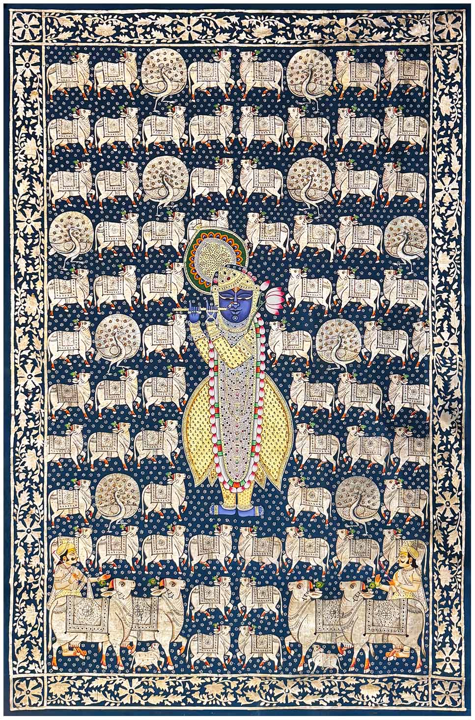 Cows & Shrinathji (Real Gold & Silver Leafing) - Handmade Pichwai Painting (Unframed / 187.9 x 120.6 cm)