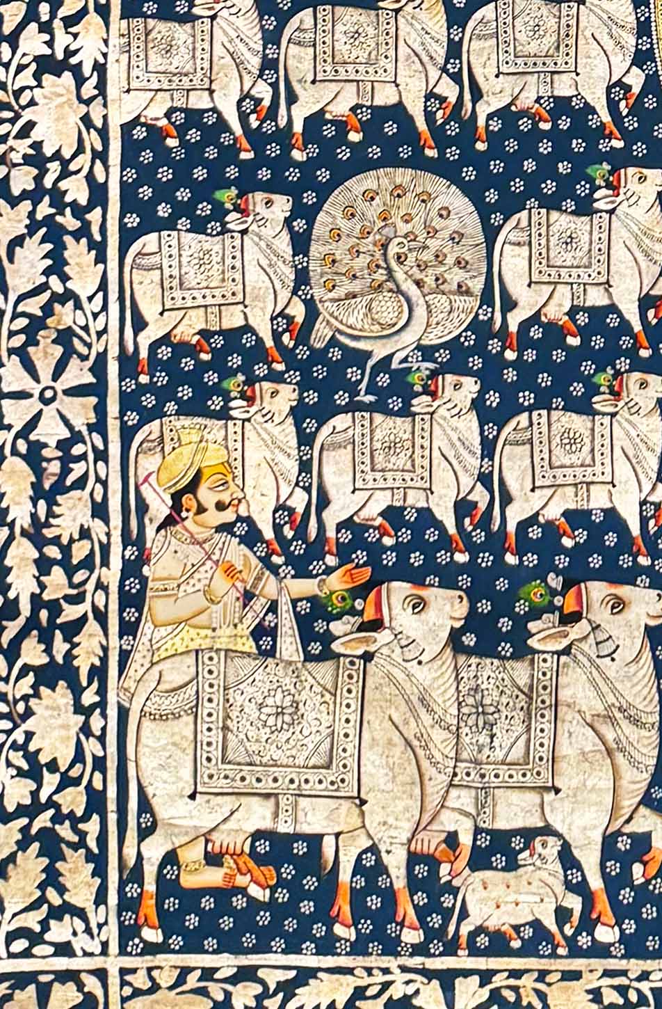 Cows & Shrinathji (Real Gold & Silver Leafing) - Handmade Pichwai Painting (Unframed / 187.9 x 120.6 cm) - Image 3