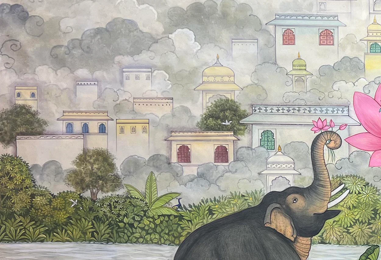 Elephants & Lord Krishna - Handmade Pichwai Painting (Unframed / 158.7 x 110.4 cm) - Image 3