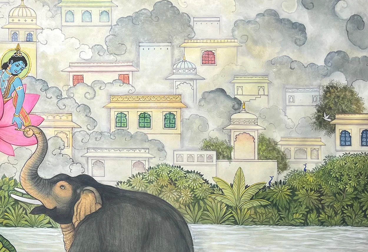 Elephants & Lord Krishna - Handmade Pichwai Painting (Unframed / 158.7 x 110.4 cm) - Image 4