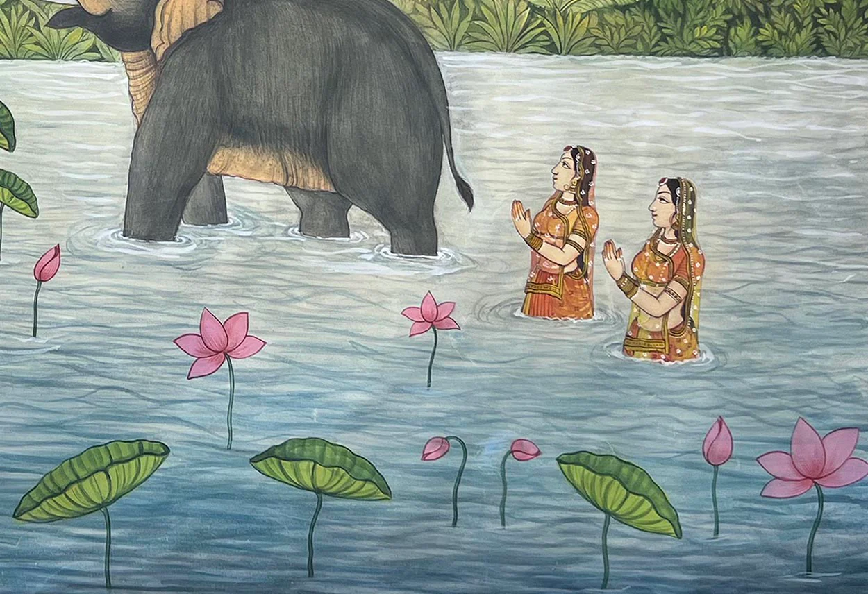 Elephants & Lord Krishna - Handmade Pichwai Painting (Unframed / 158.7 x 110.4 cm) - Image 5