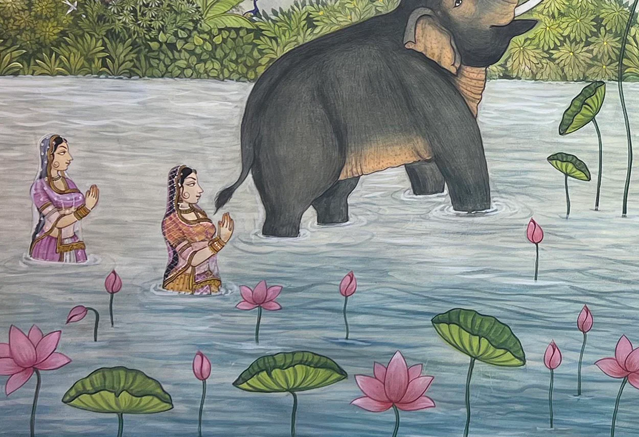 Elephants & Lord Krishna - Handmade Pichwai Painting (Unframed / 158.7 x 110.4 cm) - Image 6
