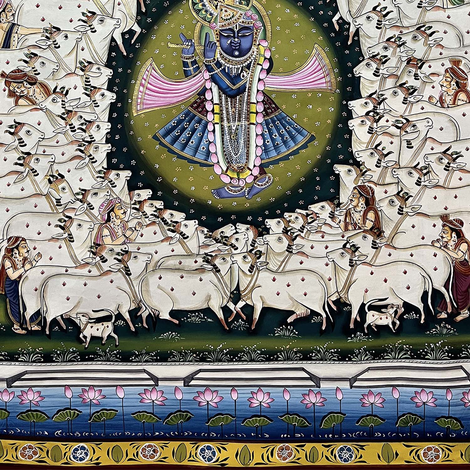 The Handmade Pichwai Painting - Gopasthami Shrinathji with Cows (Unframed / 83.8 x 114.3 cm) - Image 3