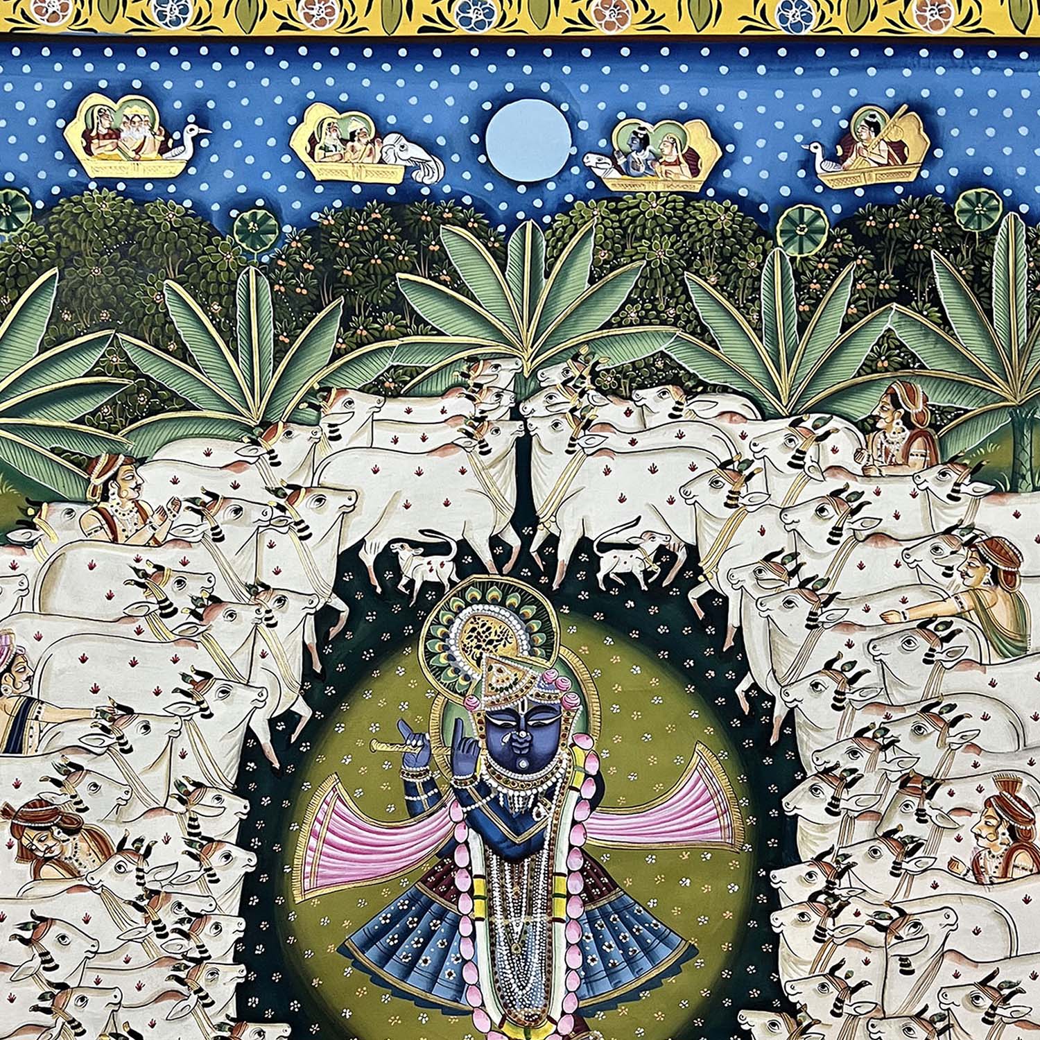 The Handmade Pichwai Painting - Gopasthami Shrinathji with Cows (Unframed / 83.8 x 114.3 cm) - Image 4
