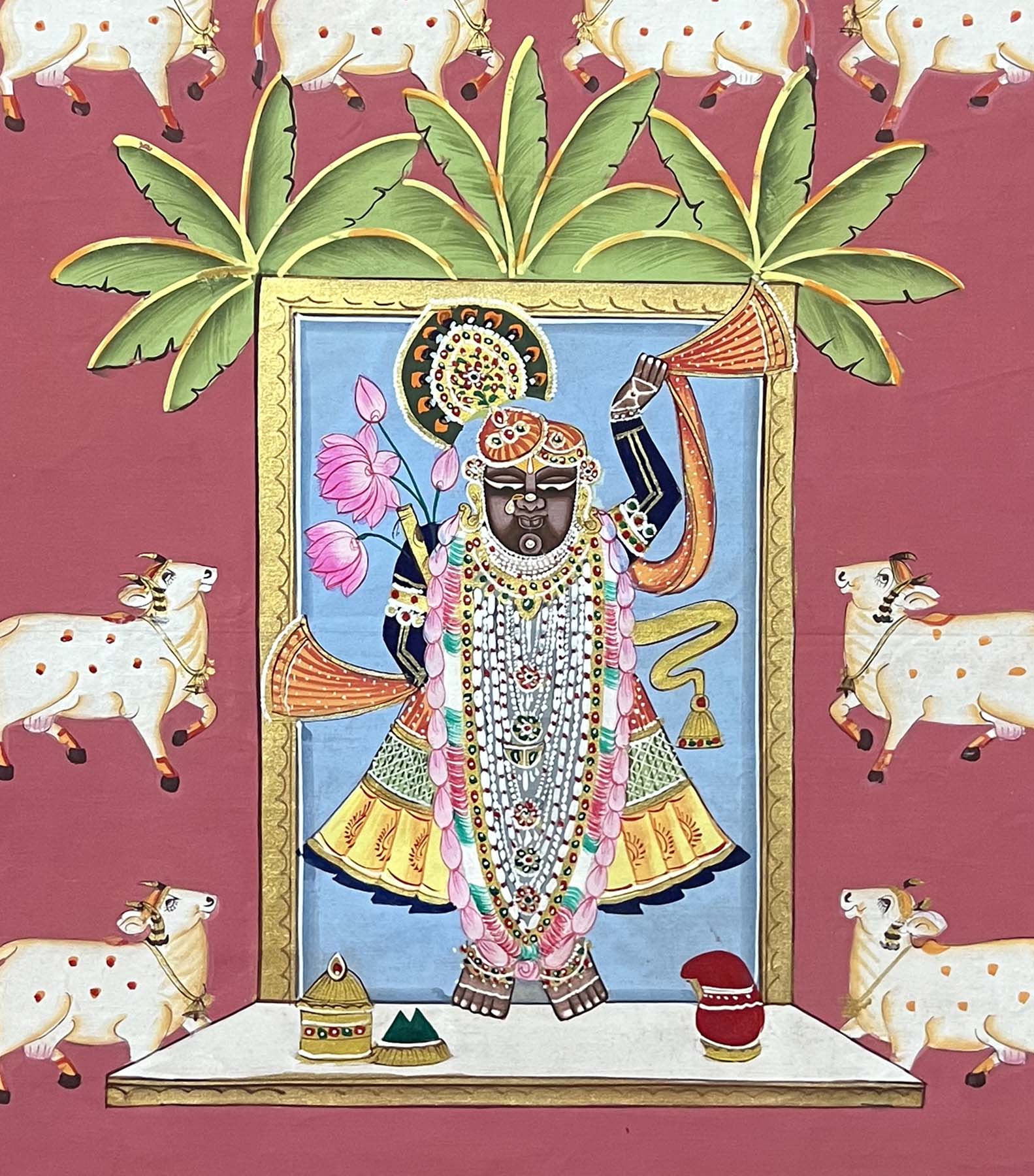 Handmade Shrinathji & Cows Painting (Unframed) - Image 3
