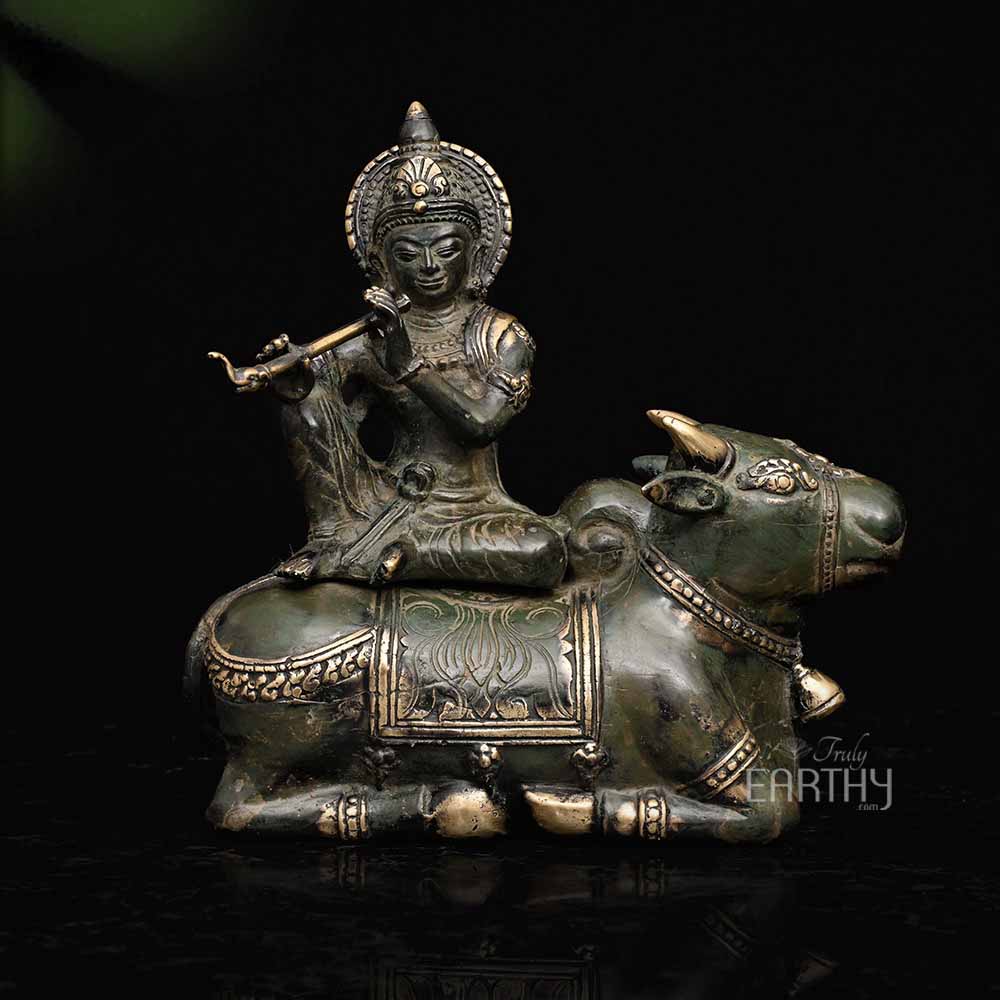 Krishna on Cow - Bronze Sculpture