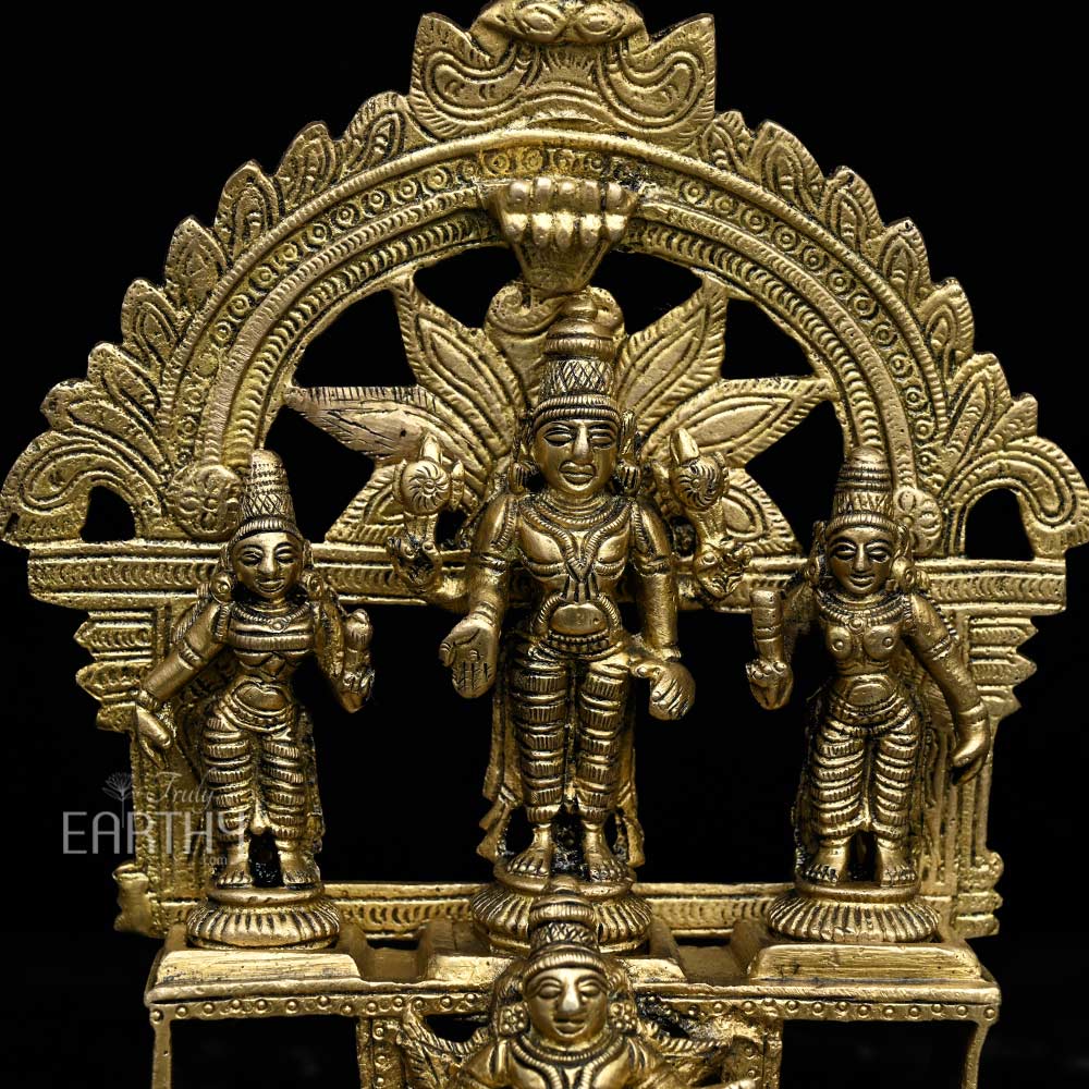 Lord Vishnu with Lakshmi and Bhudevi on Garuda Pedestal In Brass | Handmade - Image 2