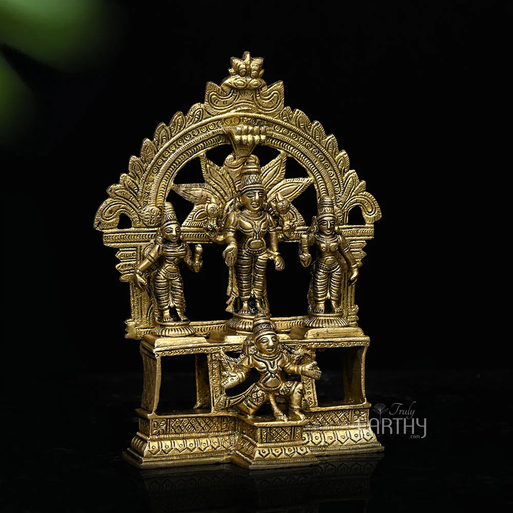 Lord Vishnu with Lakshmi and Bhudevi on Garuda Pedestal In Brass | Handmade - Image 3