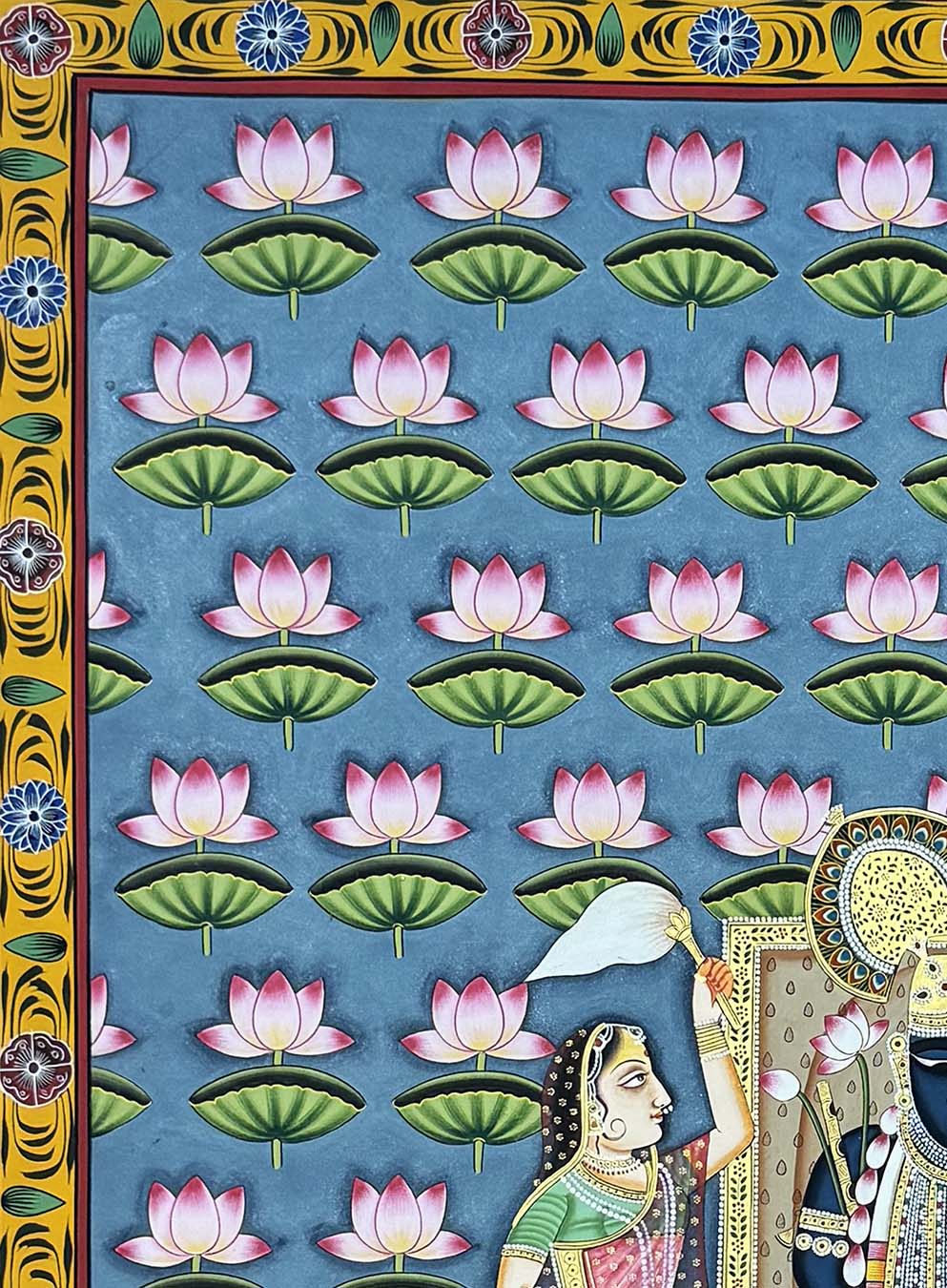 Lotus Pond - Handmade Pichwai Painting (91.4 x 121.9 cm / Unframed) - Image 3