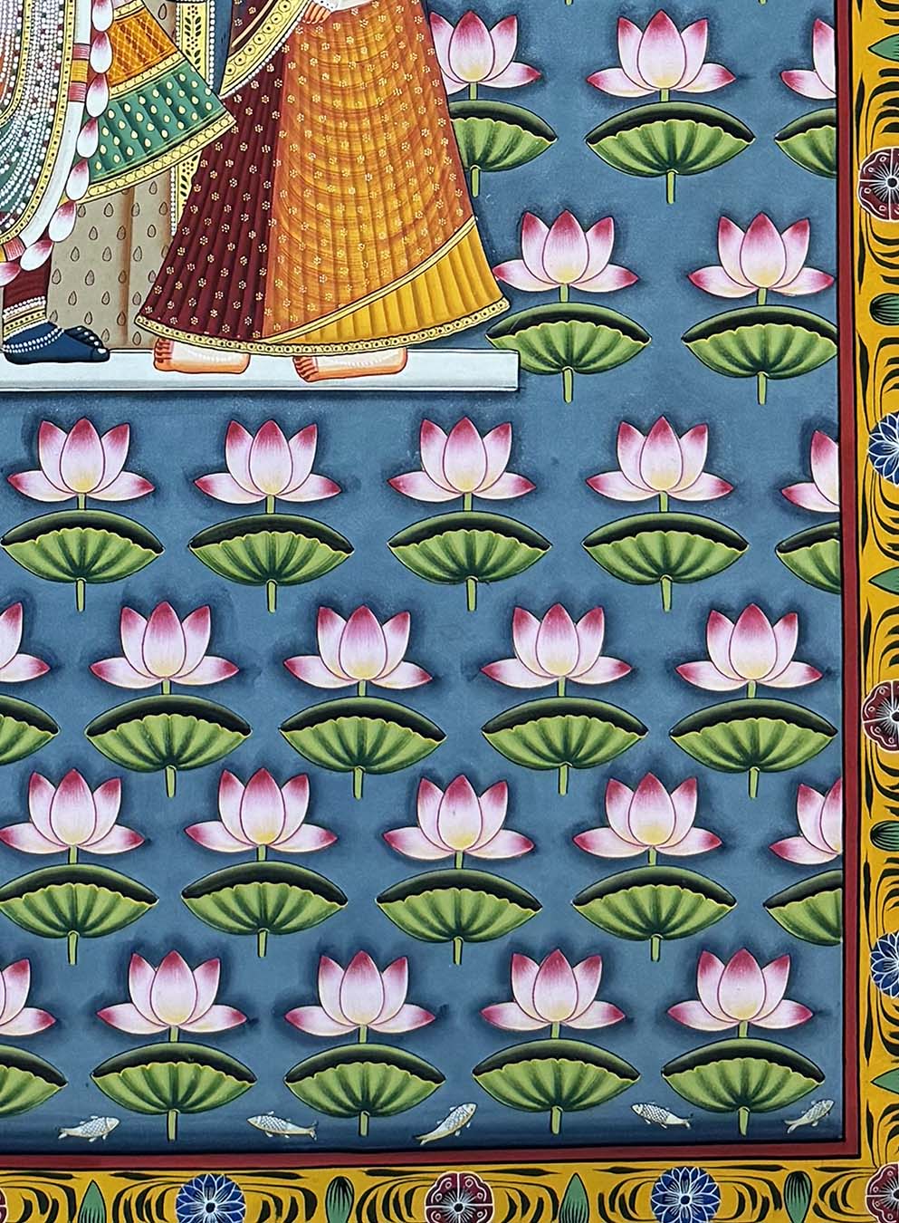 Lotus Pond - Handmade Pichwai Painting (91.4 x 121.9 cm / Unframed) - Image 4