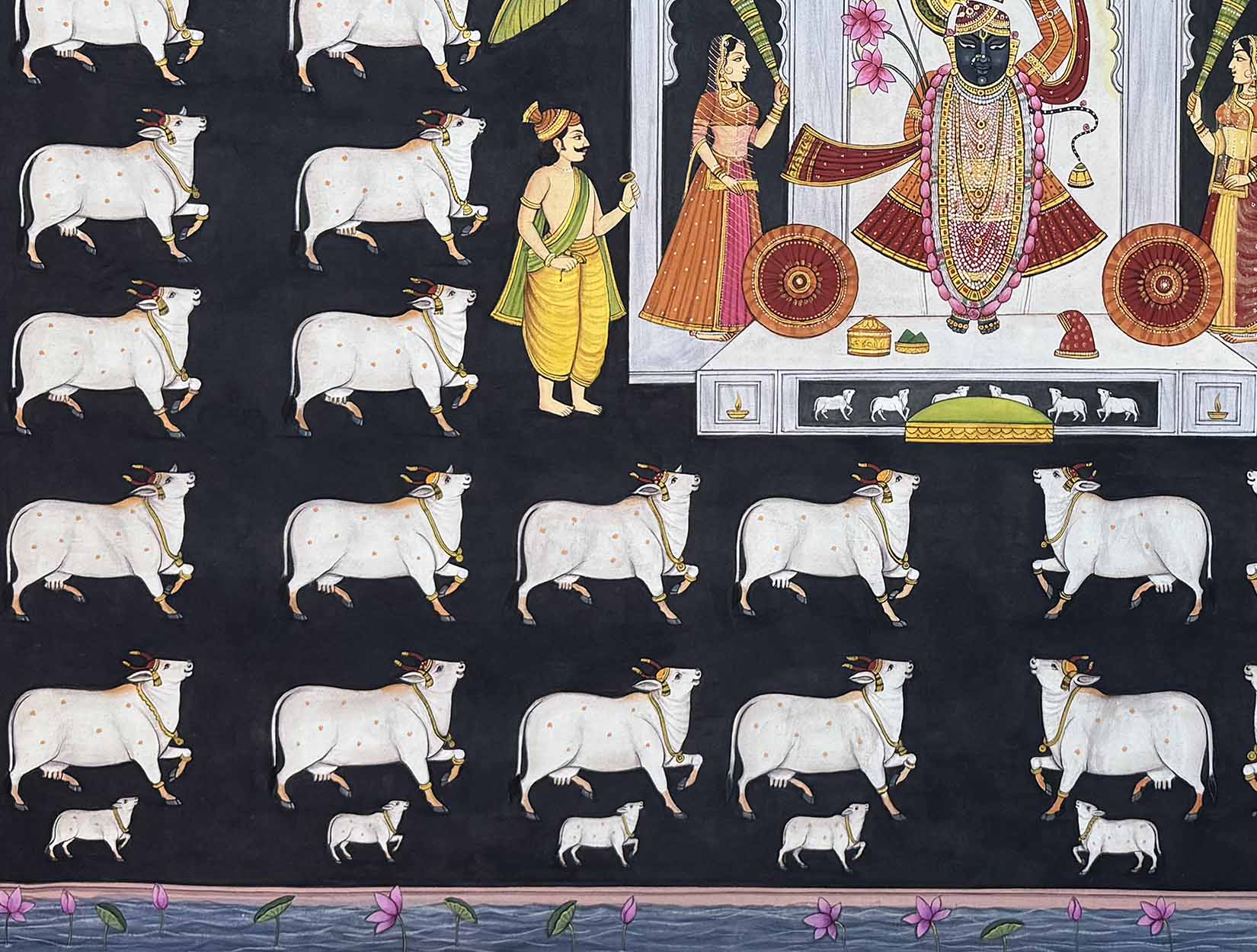 Divine Dawn in Nathdwara - Handmade Pichwai Painting (Unframed / 132 x 99 cm) - Image 3