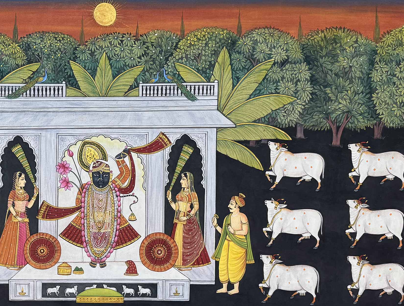 Divine Dawn in Nathdwara - Handmade Pichwai Painting (Unframed / 132 x 99 cm) - Image 4