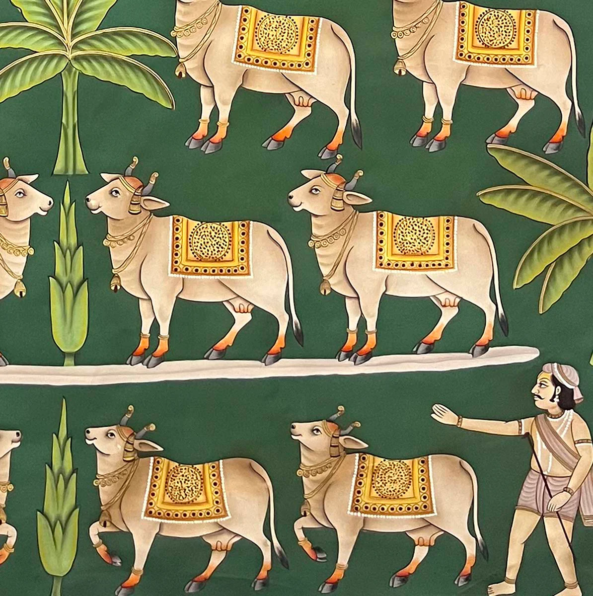 Radha Krishna & Cows - Handmade Pichwai Painting (Unframed / 121.9 x 121.9 cm) - Image 4