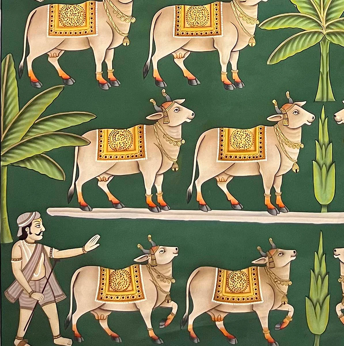 Radha Krishna & Cows - Handmade Pichwai Painting (Unframed / 121.9 x 121.9 cm) - Image 5