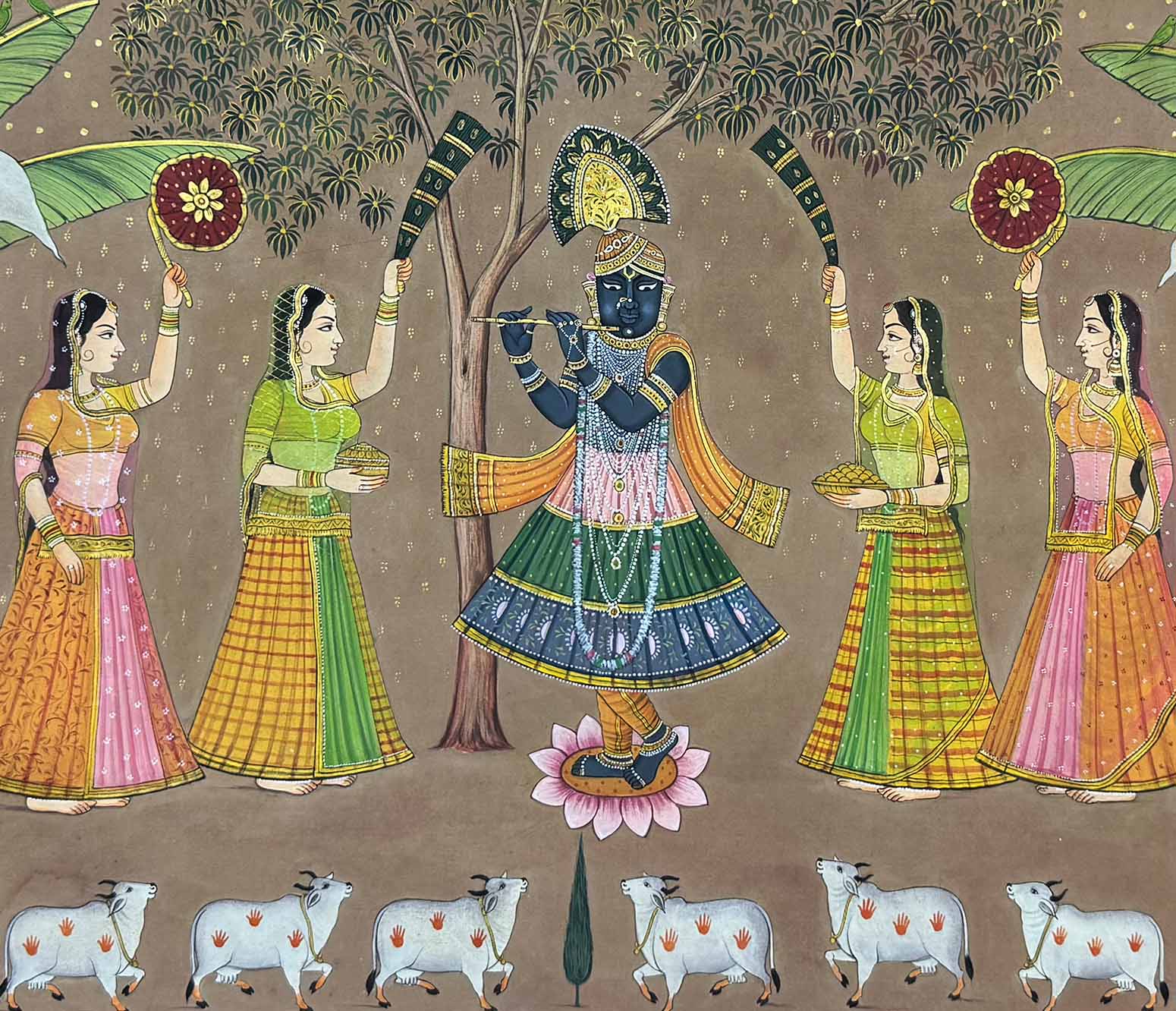Sharad Purnima - Handmade Antique Finish Pichwai Painting (Unframed) - Image 2