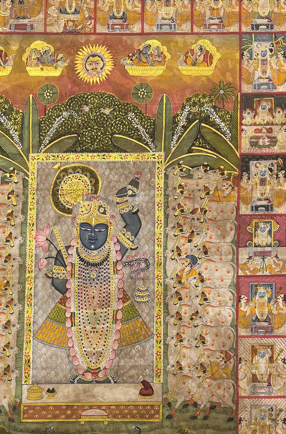 Sharad Purnima with 24 Swaroop Shreenathji Handmade Pichwai Painting (Handmade / Unframed / 115.5 x 173.9 cm) - Image 4