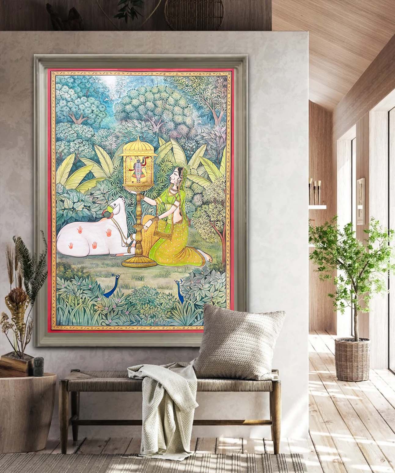 Shrinathji temple in jungle - Handmade Painting (Unframed / 106.6 x 160 cm) - Image 3