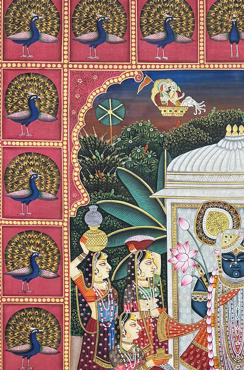 Shrinathji Darshan in Mayur Kutir - Handmade Pichwai (91.4 x 152.4 cm / Unframed) - Image 3