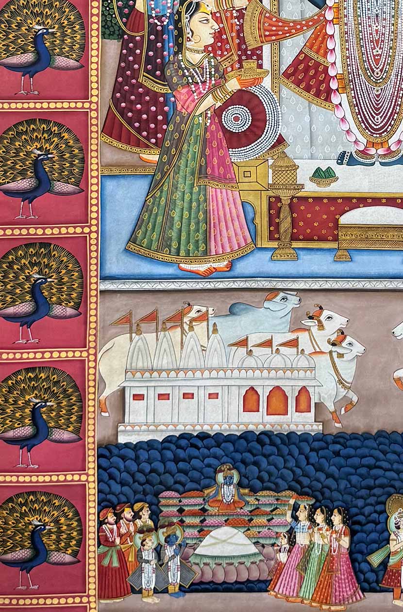 Shrinathji Darshan in Mayur Kutir - Handmade Pichwai (91.4 x 152.4 cm / Unframed) - Image 4