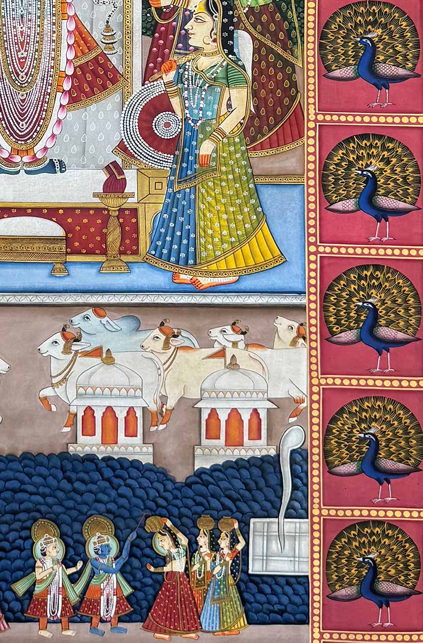 Shrinathji Darshan in Mayur Kutir - Handmade Pichwai (91.4 x 152.4 cm / Unframed) - Image 5