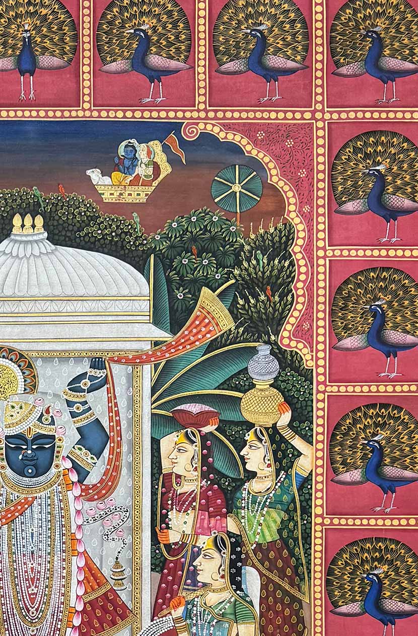 Shrinathji Darshan in Mayur Kutir - Handmade Pichwai (91.4 x 152.4 cm / Unframed) - Image 6