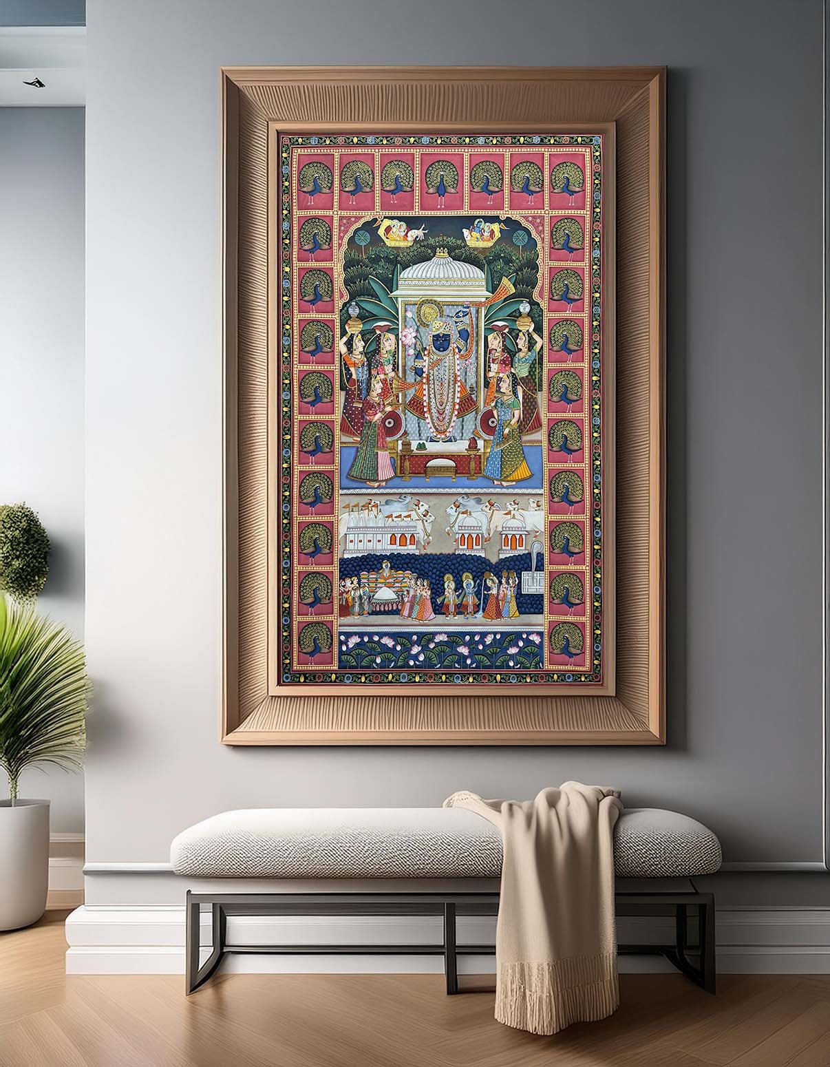 Shrinathji Darshan in Mayur Kutir - Handmade Pichwai (91.4 x 152.4 cm / Unframed) - Image 7