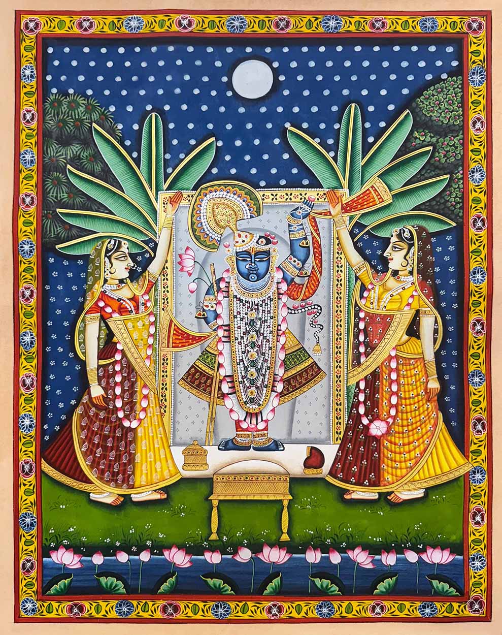 Shrinathji & Gopis - Handmade Pichwai Painting (57.9 x 43.9 cm / Unframed)