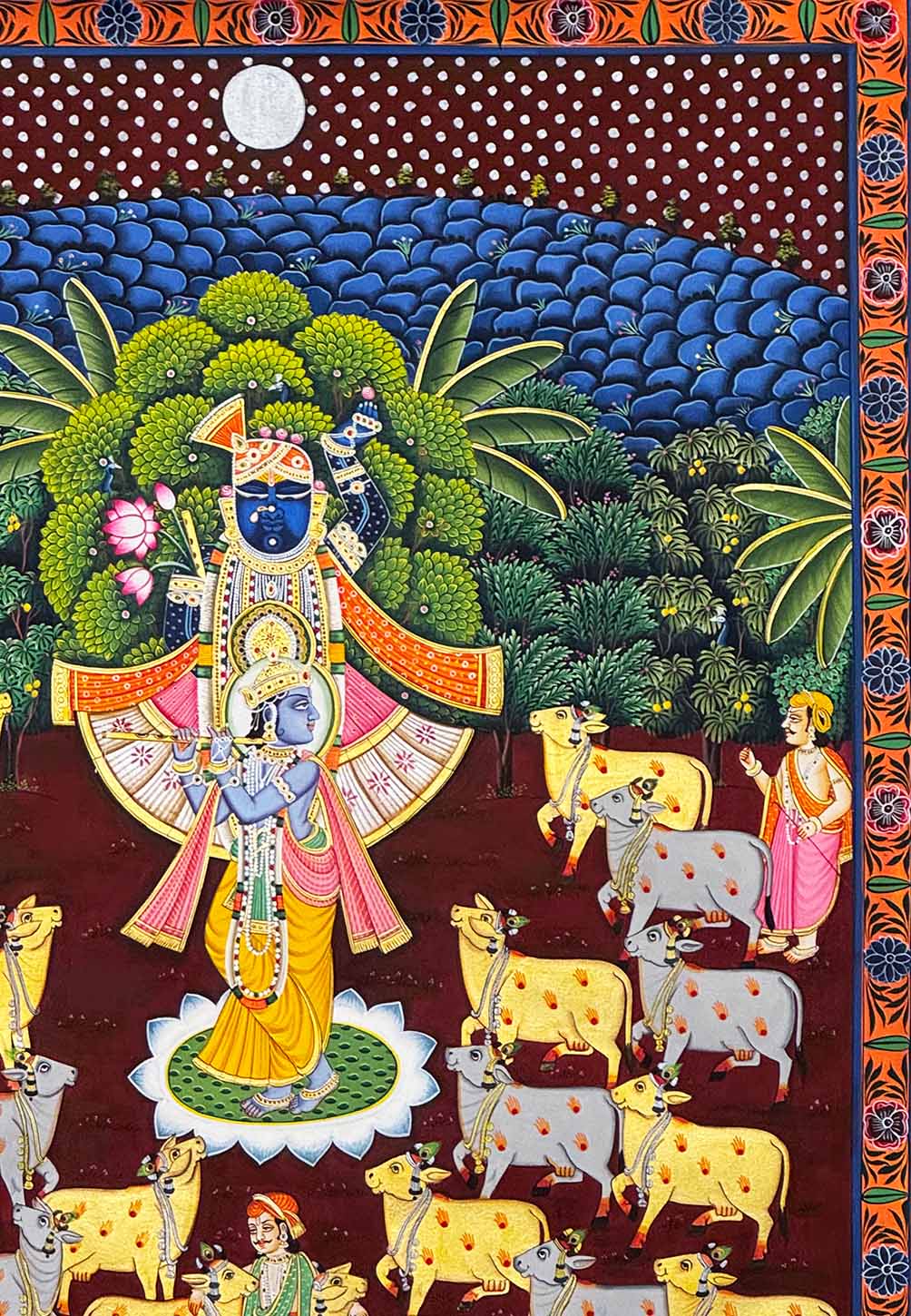 Shrinathji & Krishna - Handmade Pichwai Painting ( 87.3 x 60.9 cm / Unframed) - Image 4