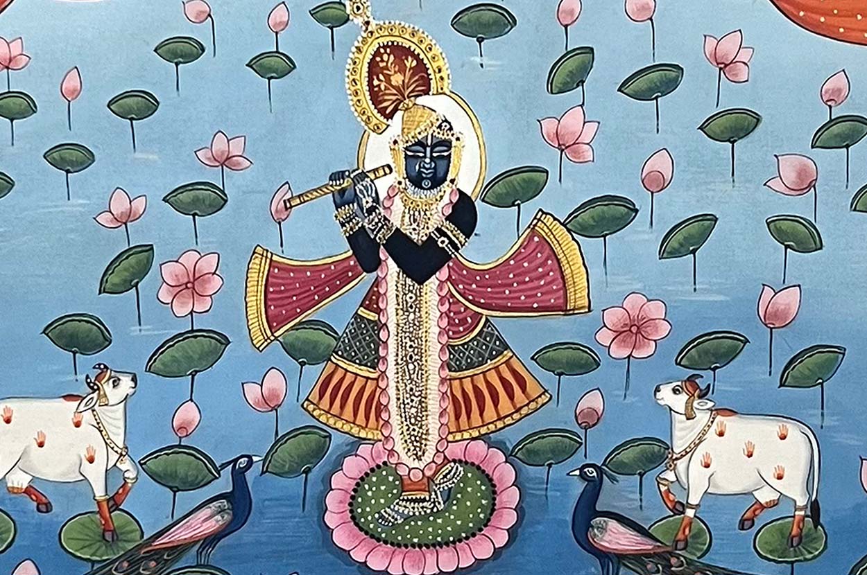 Shrinathji & Lotus Pond - Handmade Painting ( Unframed) - Image 3