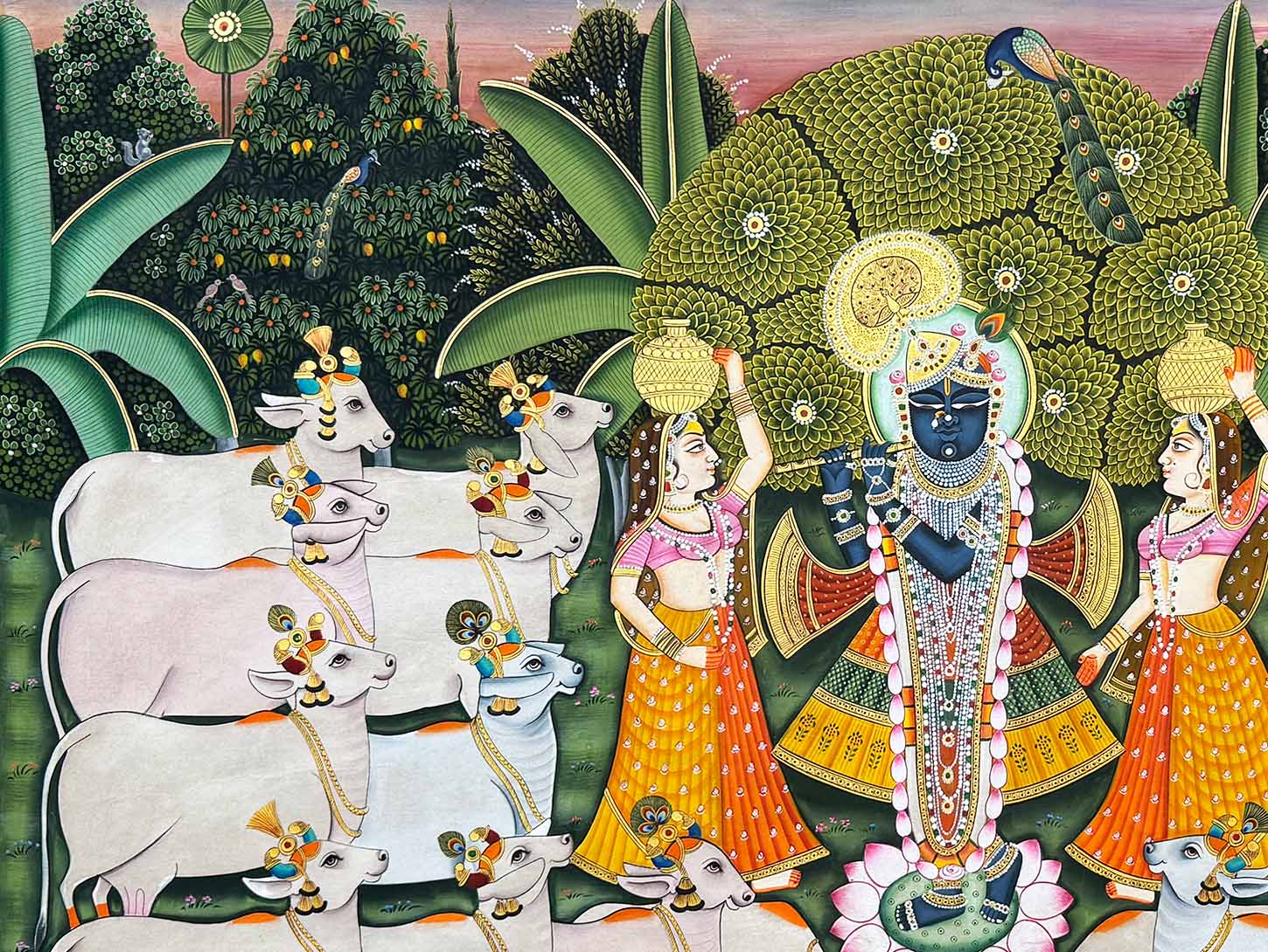 Shrinathji with Cows in Forest - Handmade Pichwai Painting (Unframed) - Image 3