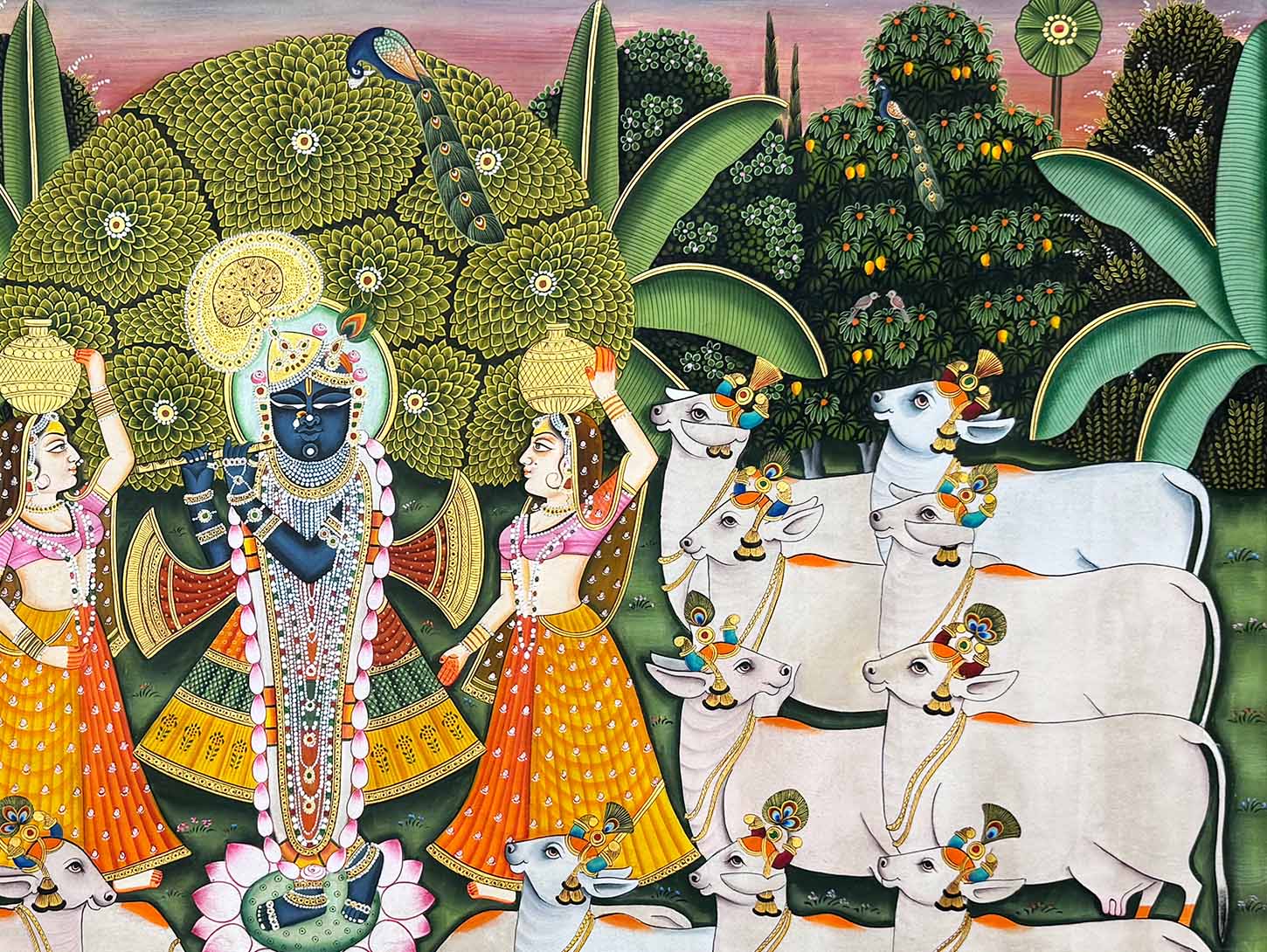 Shrinathji with Cows in Forest - Handmade Pichwai Painting (Unframed) - Image 4