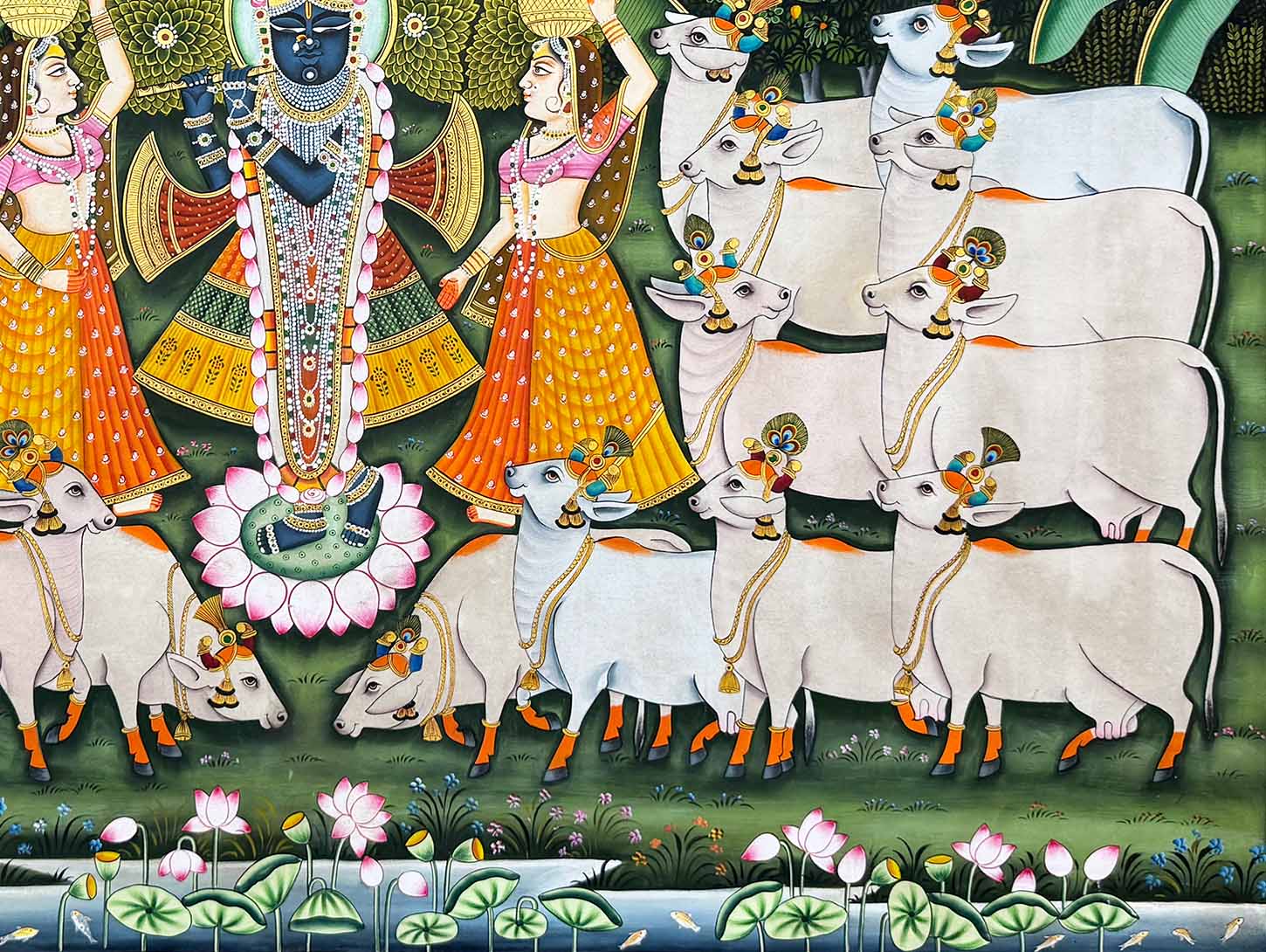 Shrinathji with Cows in Forest - Handmade Pichwai Painting (Unframed) - Image 5