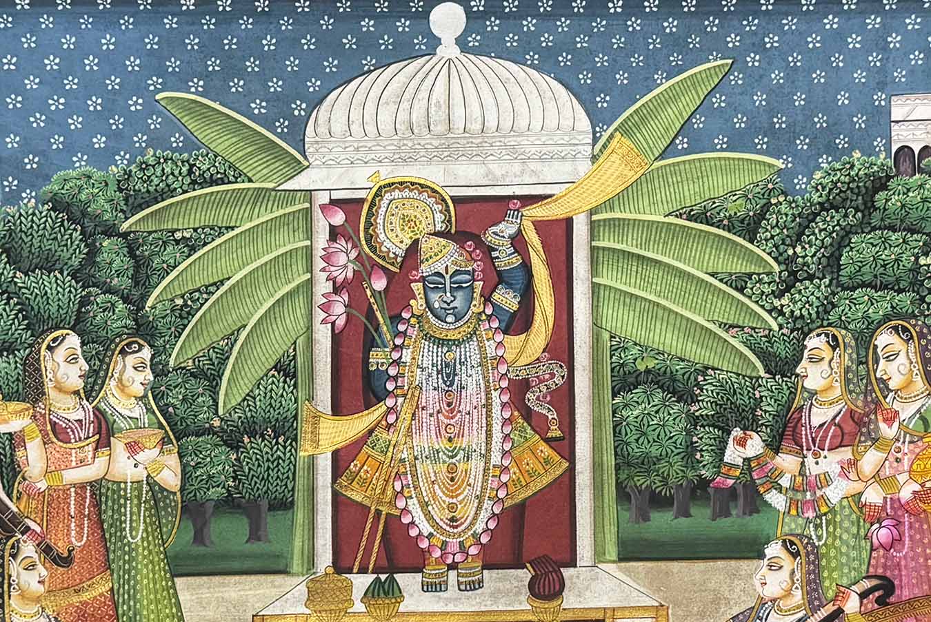 Shrinathji with Gopis - Handmade Pichwai Painting (58.4 x 88.9 cm / Unframed) - Image 2