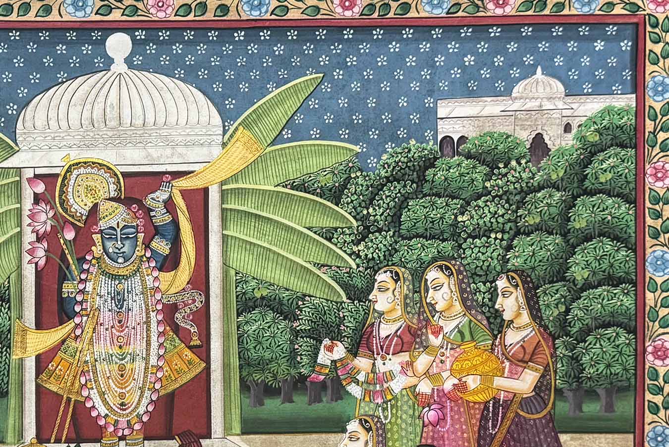 Shrinathji with Gopis - Handmade Pichwai Painting (58.4 x 88.9 cm / Unframed) - Image 5