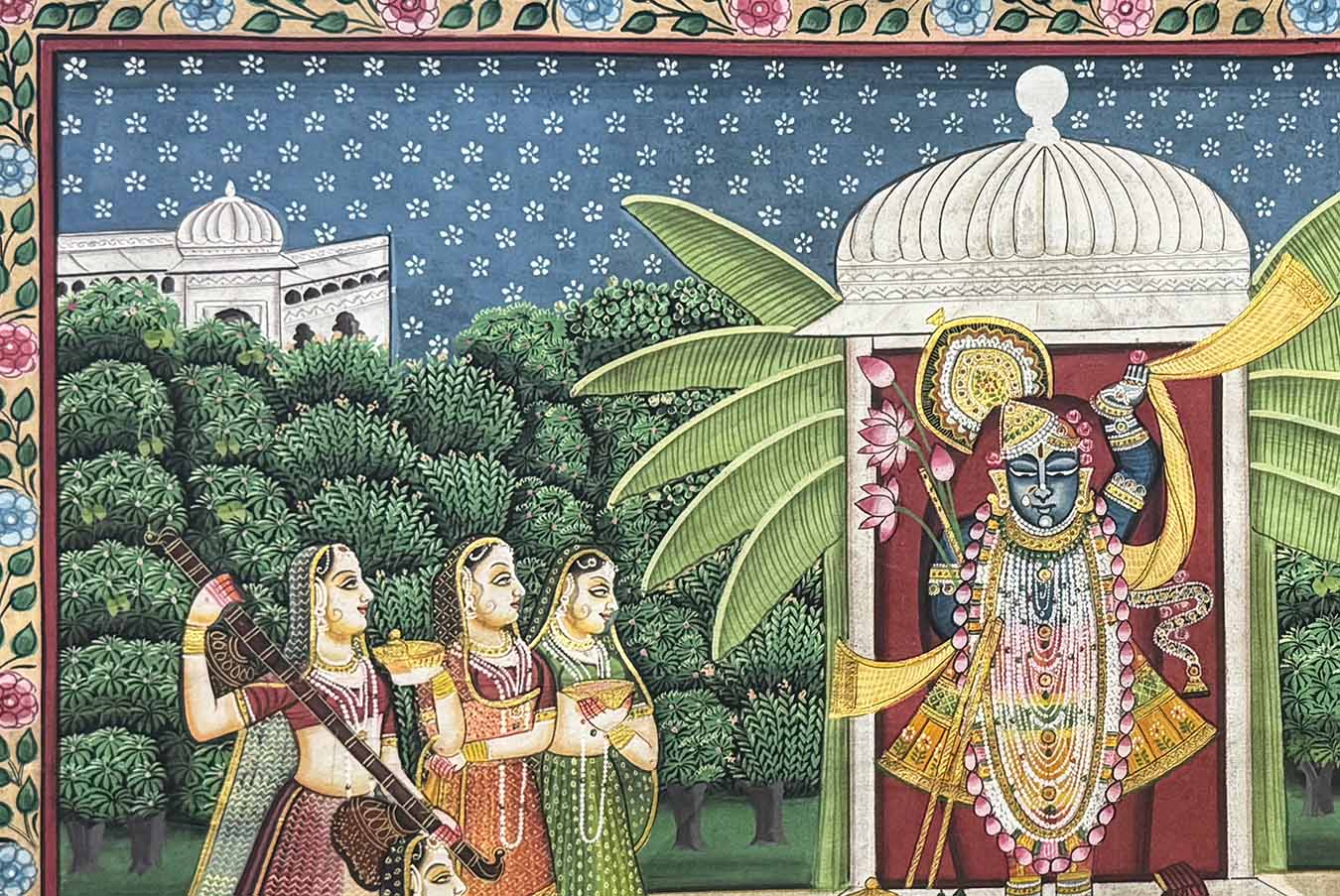 Shrinathji with Gopis - Handmade Pichwai Painting (58.4 x 88.9 cm / Unframed) - Image 6