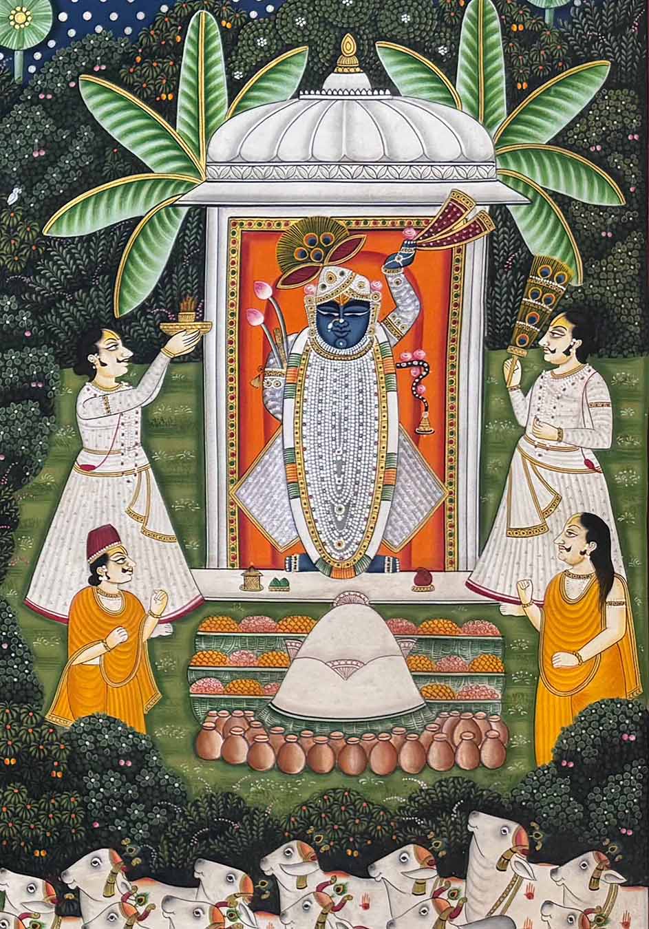 Teen Darshan - Handmade Pichwai Painting (Unframed / 152.4 x 91.4 cm) - Image 3