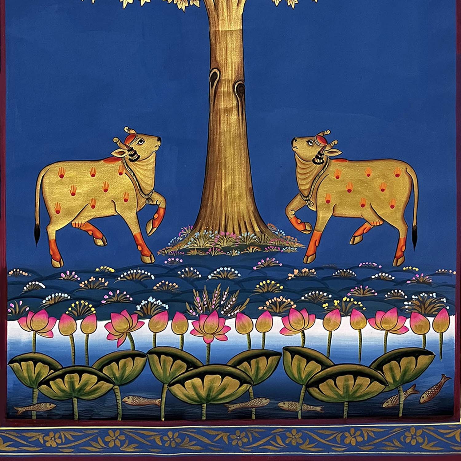 The Handmade Pichwai Painting - Golden Tree & Cows (Unframed) - Image 3