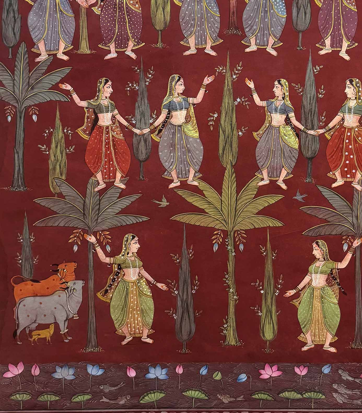 Vintage Sakhis with Kadam tree - Handmade Painting (Unframed / 104 x 127 cm) - Image 3
